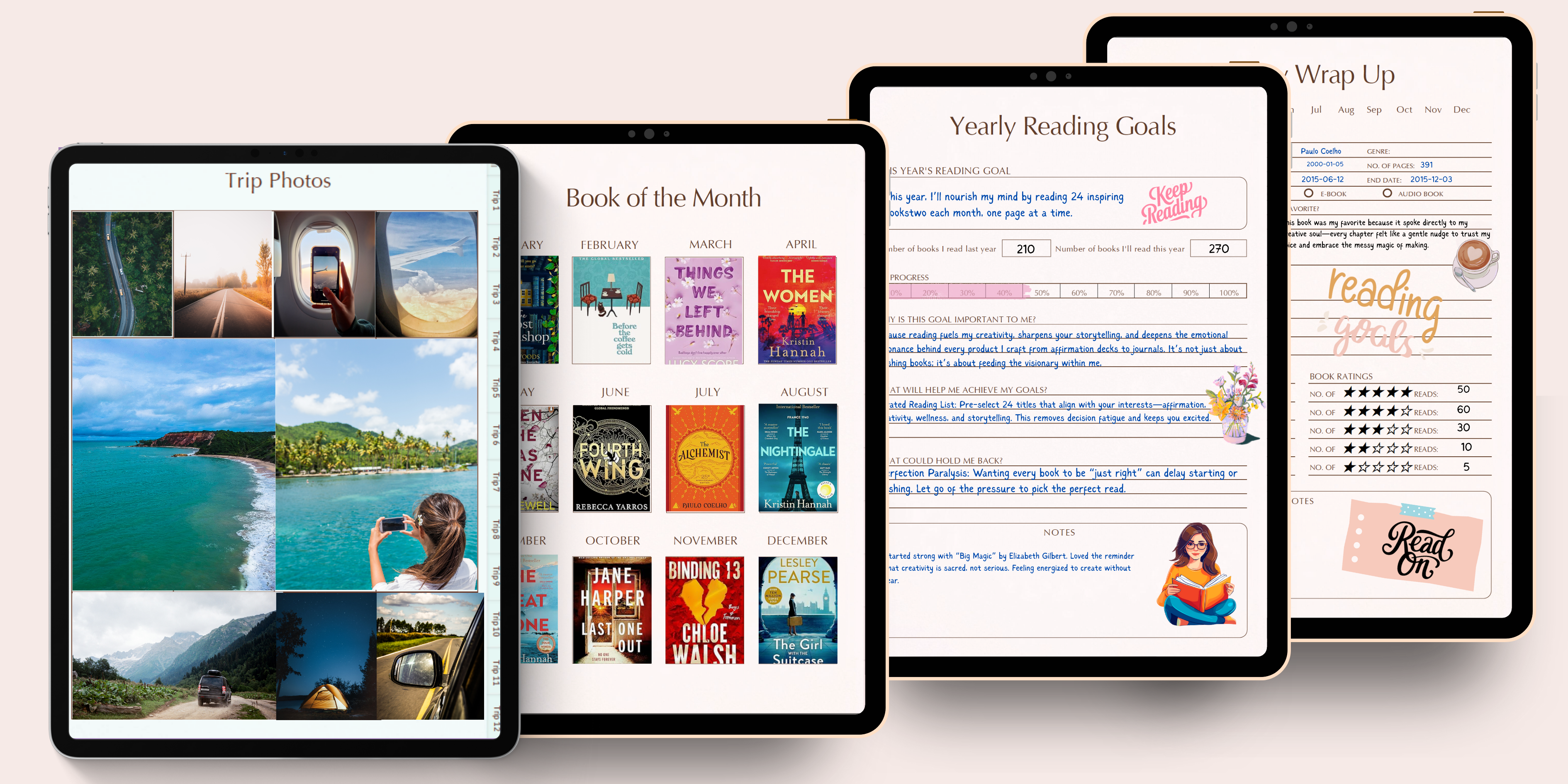 Digital journal templates by Scribbly Bits displayed on tablets, featuring layouts for trip photos, book of the month calendar, yearly reading goals, and reading wrap-up with ratings and notes.