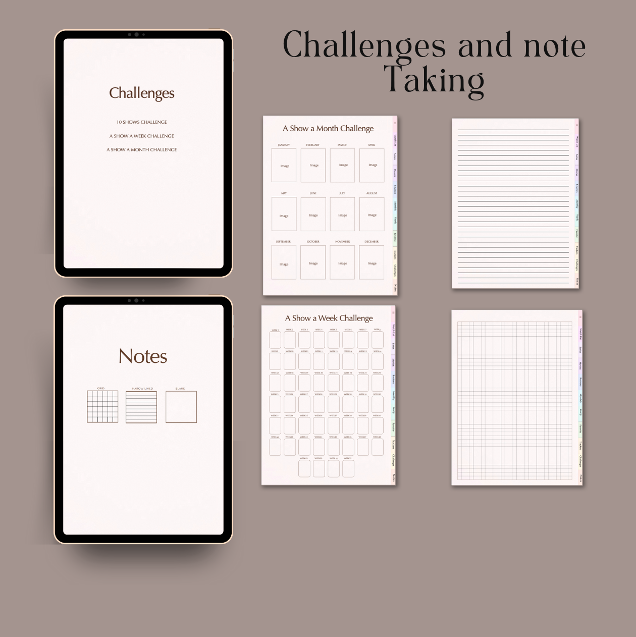 Scribbly Bits digital planner layout featuring TV show challenges, monthly and weekly grids, and multiple note-taking formats.